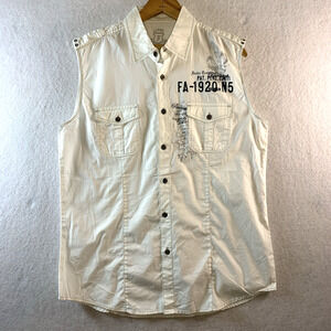 Facha Mens Sleeveless Button Shirt Sz L Biker Y2K Streetwear Military Utility